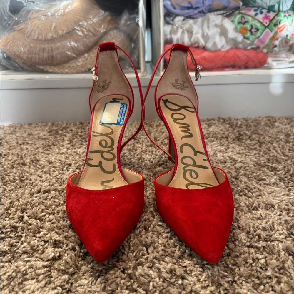 Sam Edelman Red Pointed Toe Ankle-Strap Pumps